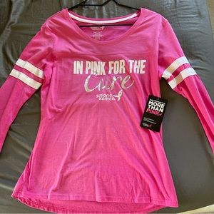 Womens 3/4 Sleeve Jersey Tee Shirt IN PINK FOR THE CURE Breast Cancer L 10-12